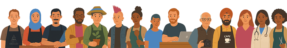A colourful and modern illustration of business owners from all walks of life and fields of work to represent the challenges and variety of running a business.