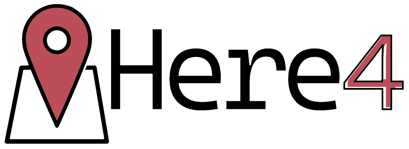 The Here4 Logo shows the Brand Name in Text with the word 'for' replaced by the numeral 4. The text is black, and the number 4 is shown in the Here4 brand colour red, which is also used for the map pin marker icon that forms the graphic part of the logo.